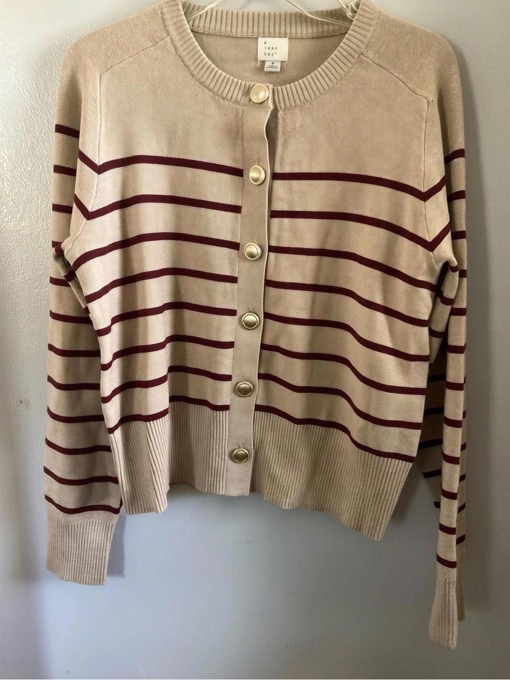 Striped Crewneck Cardigan Sweater in Beige and Burgundy
